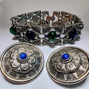 Vintage Sterling Silver Clip-On Earring and Bracelet Set with Lapis Lazuli